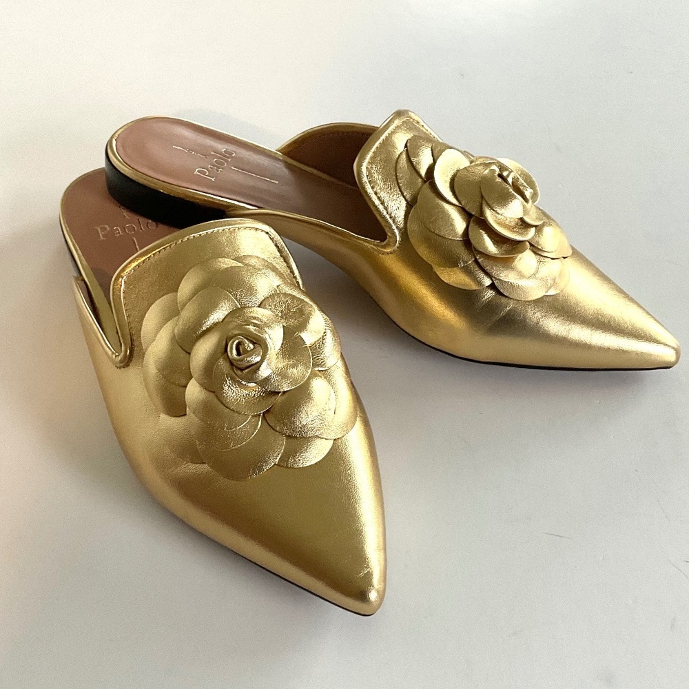 LINEA PAOLO Mule 3-D Flower Gold Size 7